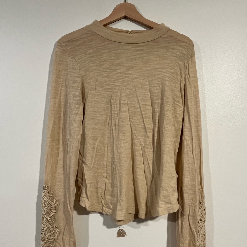 Free people embroidery beaded Elegant Beige Long Sleeve Top